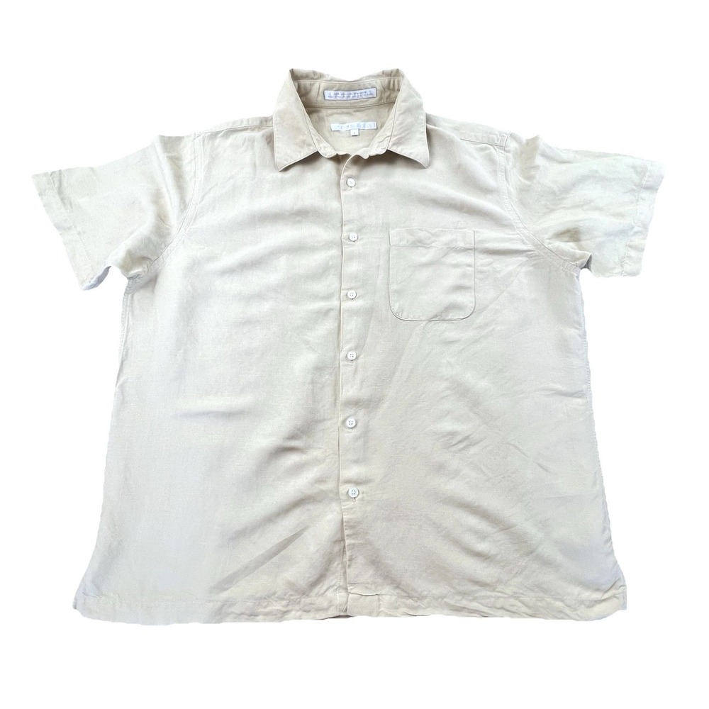 Perry Ellis Linen Blend Shirt Mens L Mustard/Ocher Short Sleeve Button Up Pocket